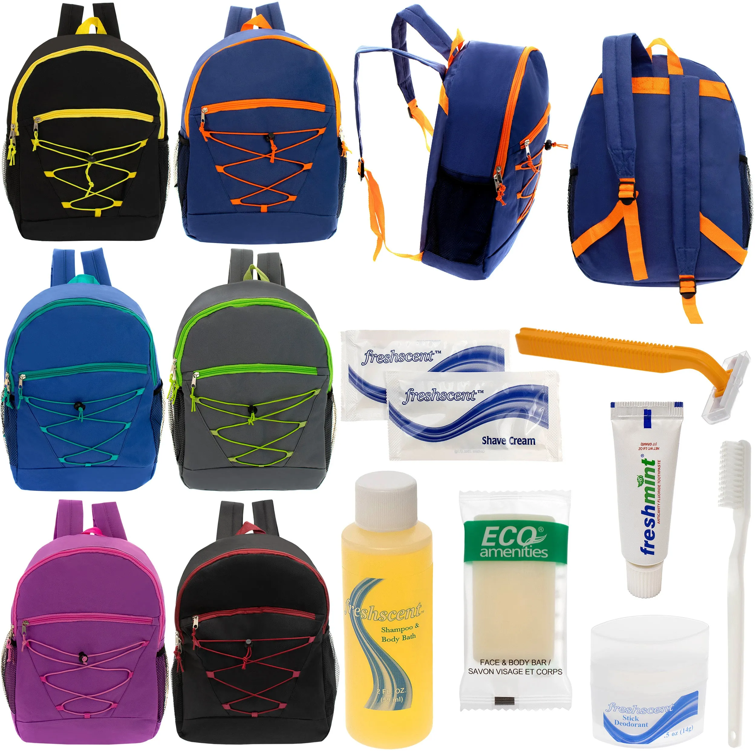 12 Bungee 17" Backpacks in 6 Colors & Your Choice of 12 Bulk Hygiene Kits - Wholesale Care Package: Homeless, Emergency, Charity