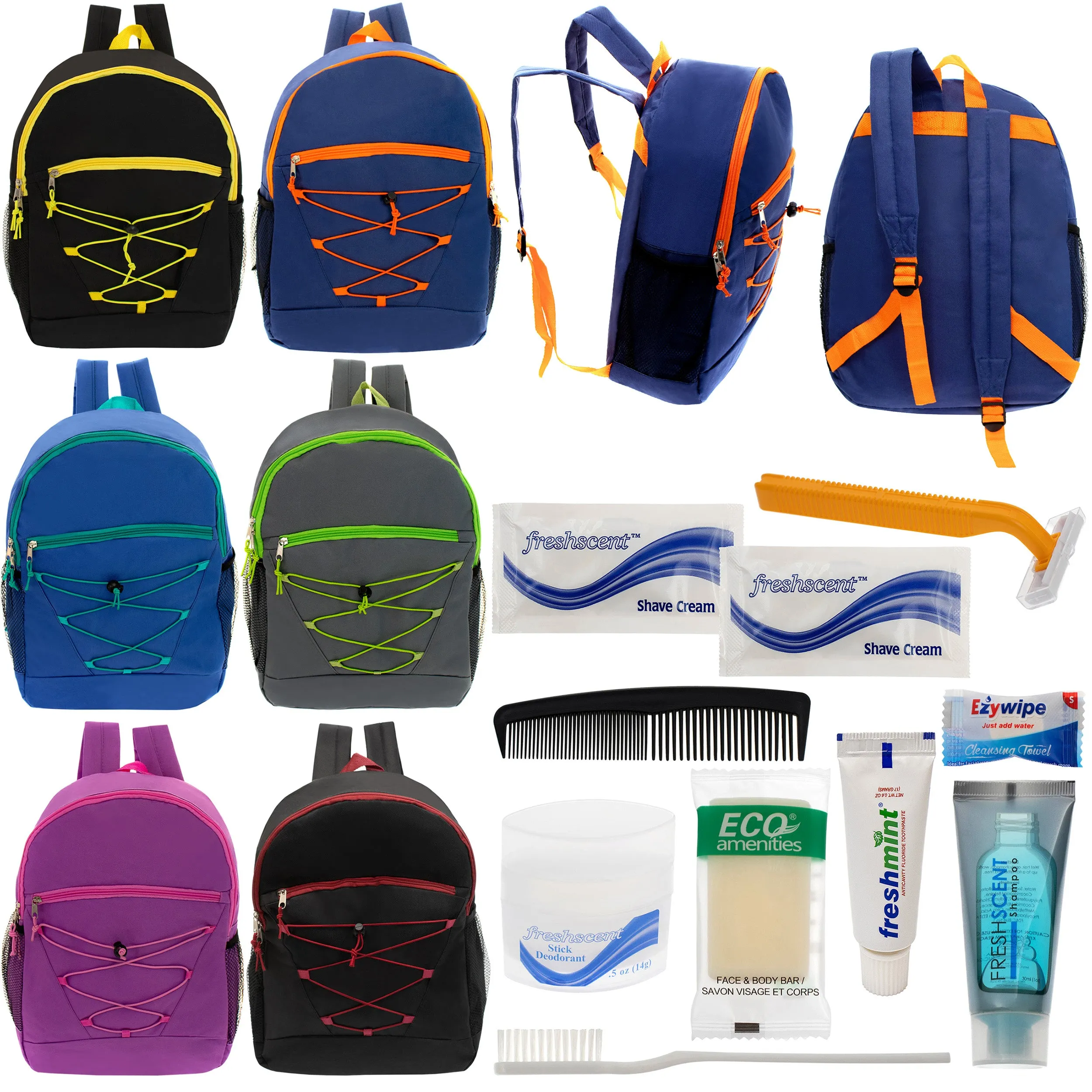 12 Bungee 17" Backpacks in 6 Colors & Your Choice of 12 Bulk Hygiene Kits - Wholesale Care Package: Homeless, Emergency, Charity