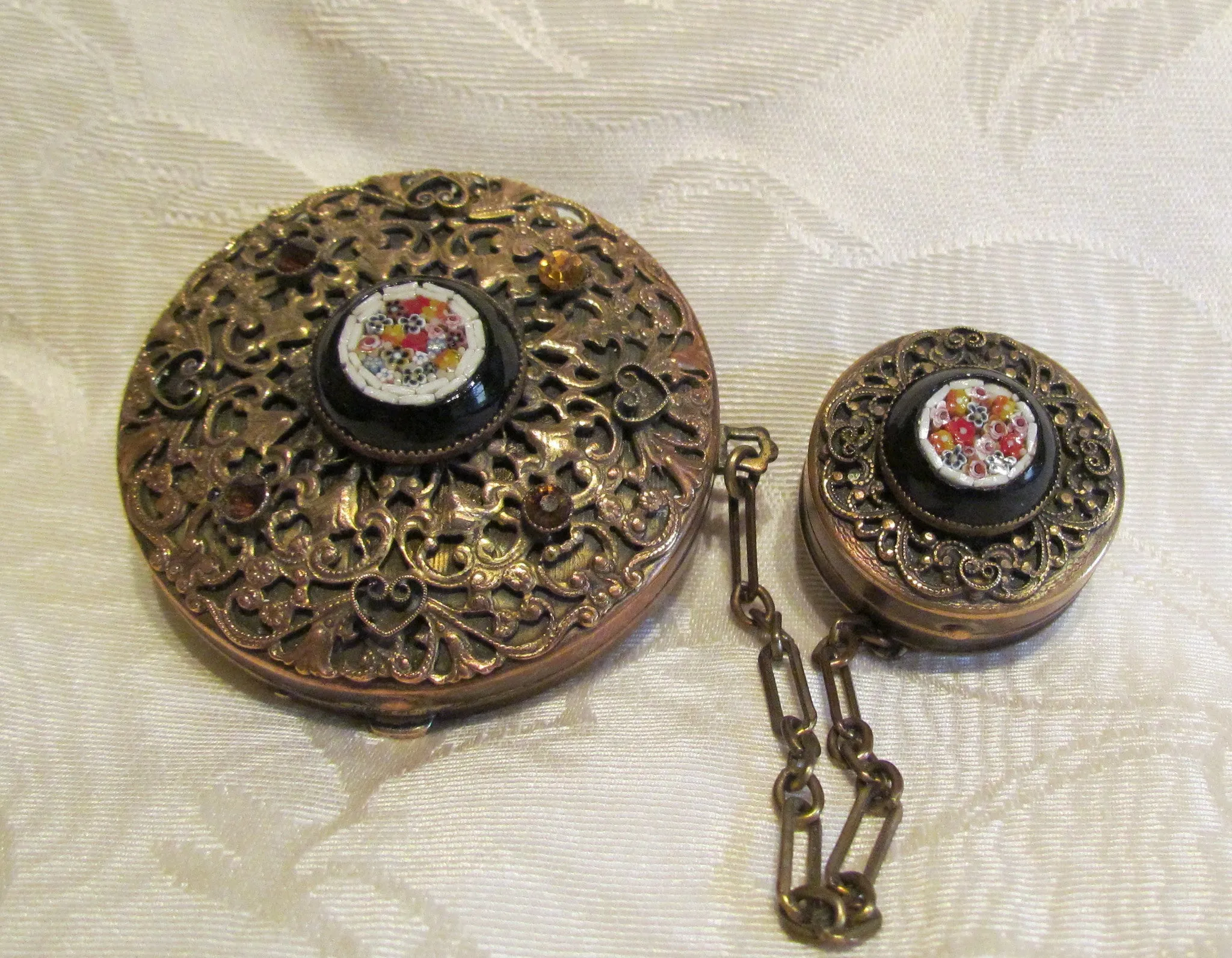 1800's Gold Ormolu Filigree And Mosaic Tango Compacts In Excellent Condition