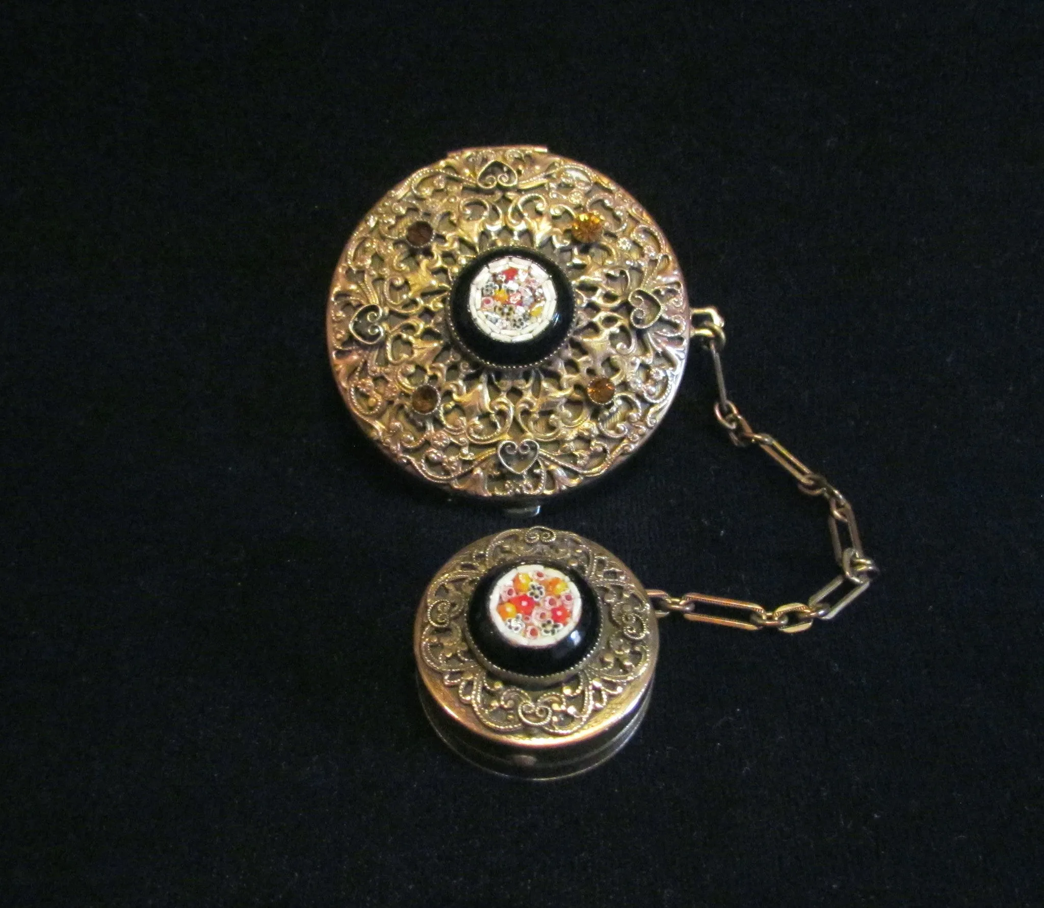 1800's Gold Ormolu Filigree And Mosaic Tango Compacts In Excellent Condition