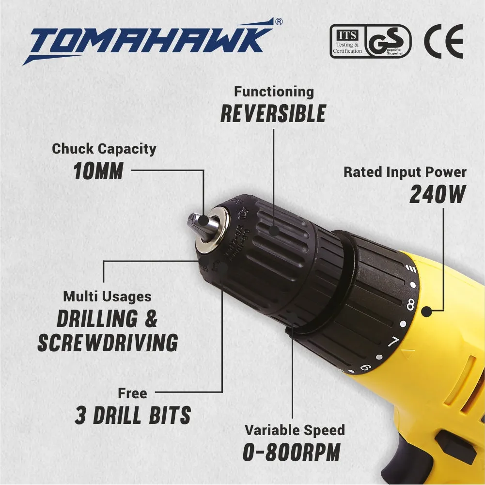 240W 10mm Reversible Screwdriver with Variable Speed & Torque   3 Bits T8646