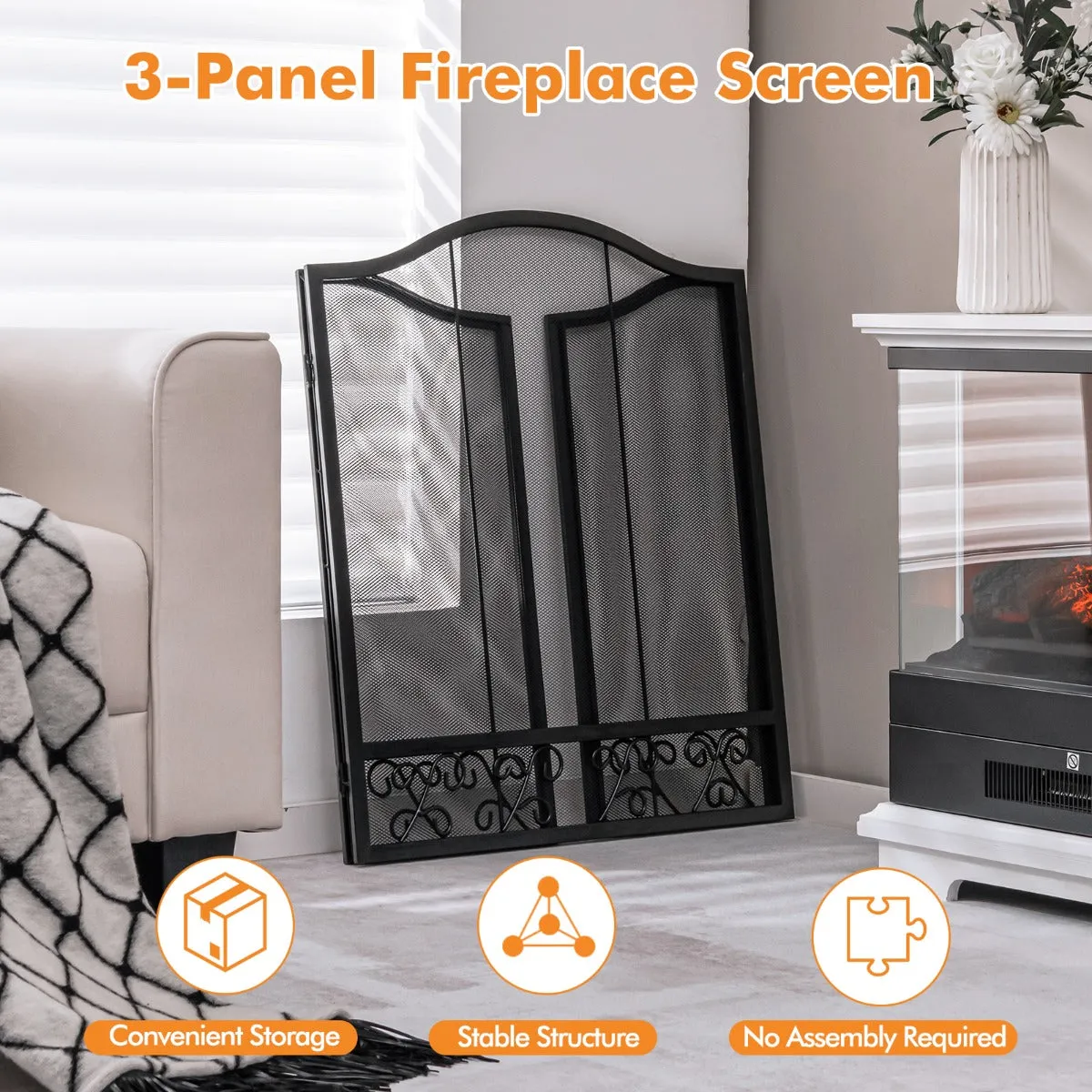 3 Pieces Folding Wide Metal Mesh Fire Panel or Wood and Coal Firing