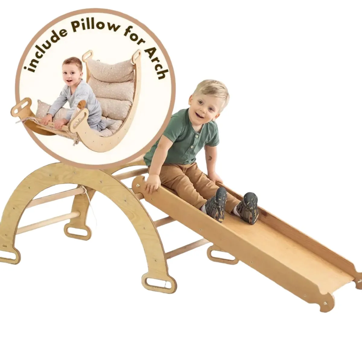 3in1 Montessori Play Set For Toddlers: Arch   Slide   Cushion - Beige