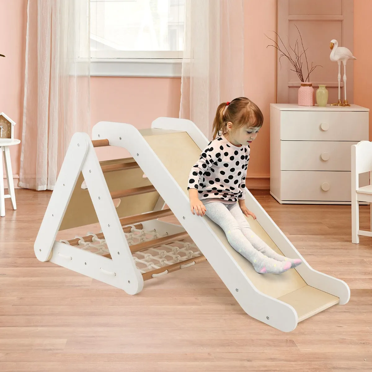 4-in-1 Wooden Triangle Climbing Set with Ramp Sliding Board-White