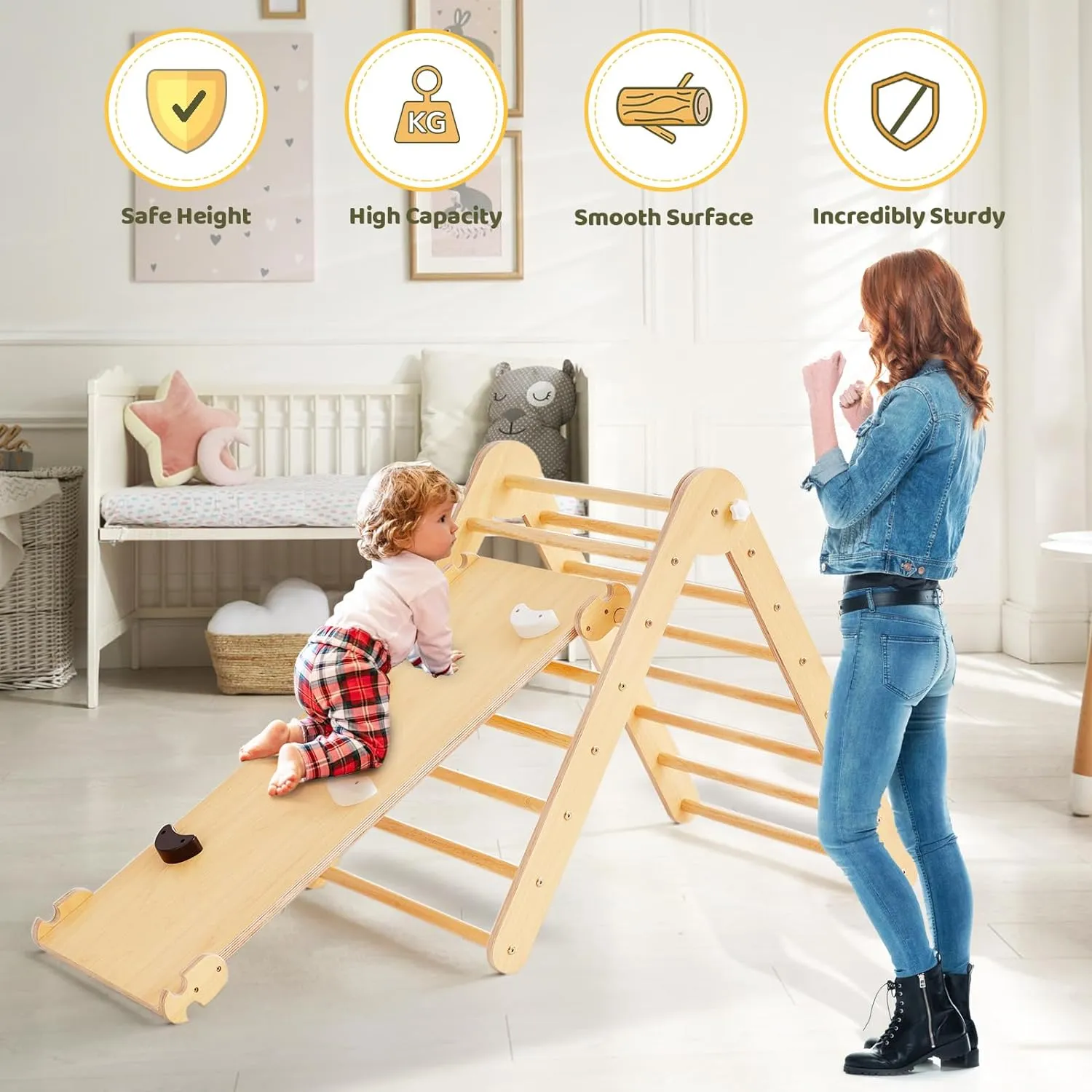 5-in-1 Pikler Triangle Gym - Foldable Climbing, Ramp, Rocker, and Play Structure for Kids