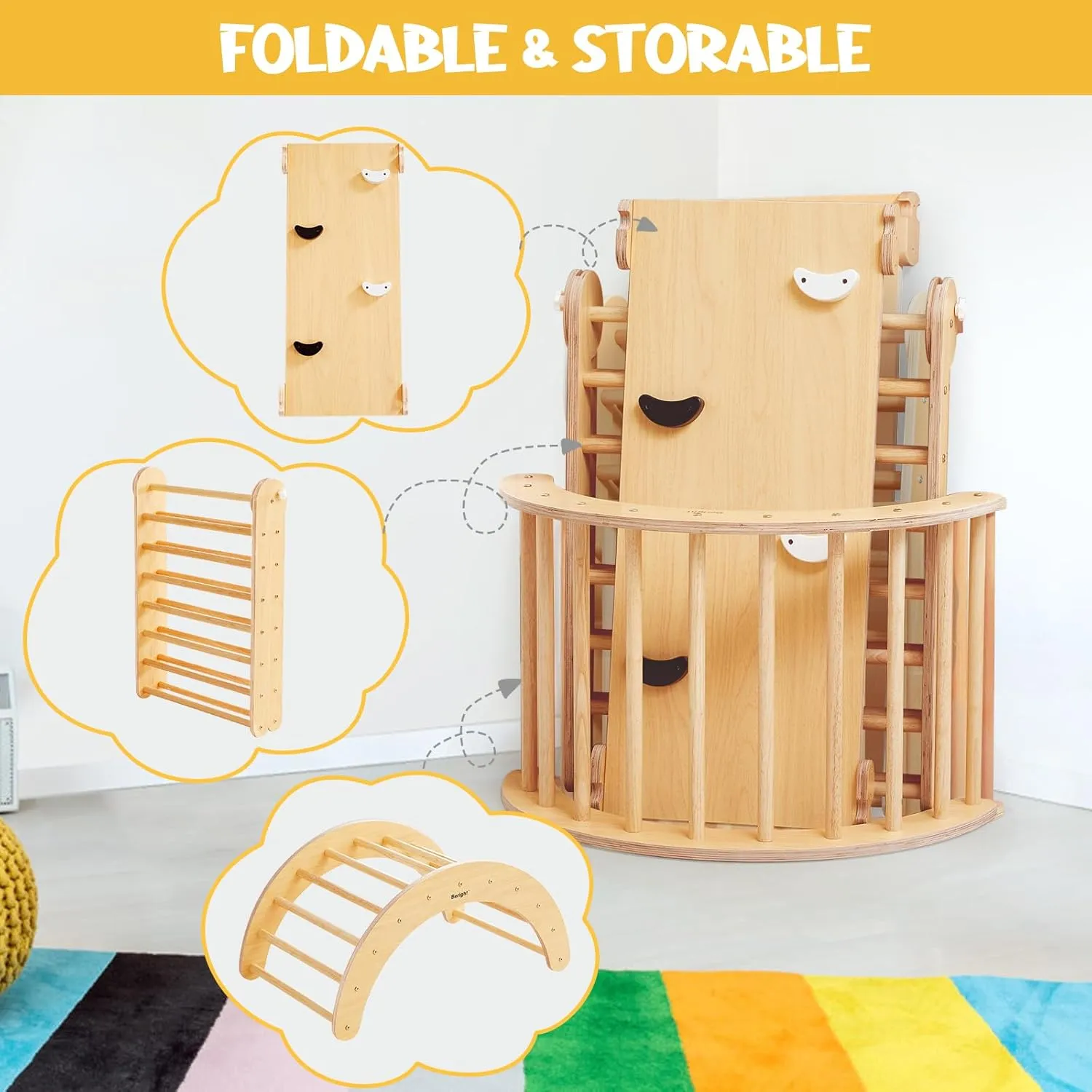 5-in-1 Pikler Triangle Gym - Foldable Climbing, Ramp, Rocker, and Play Structure for Kids