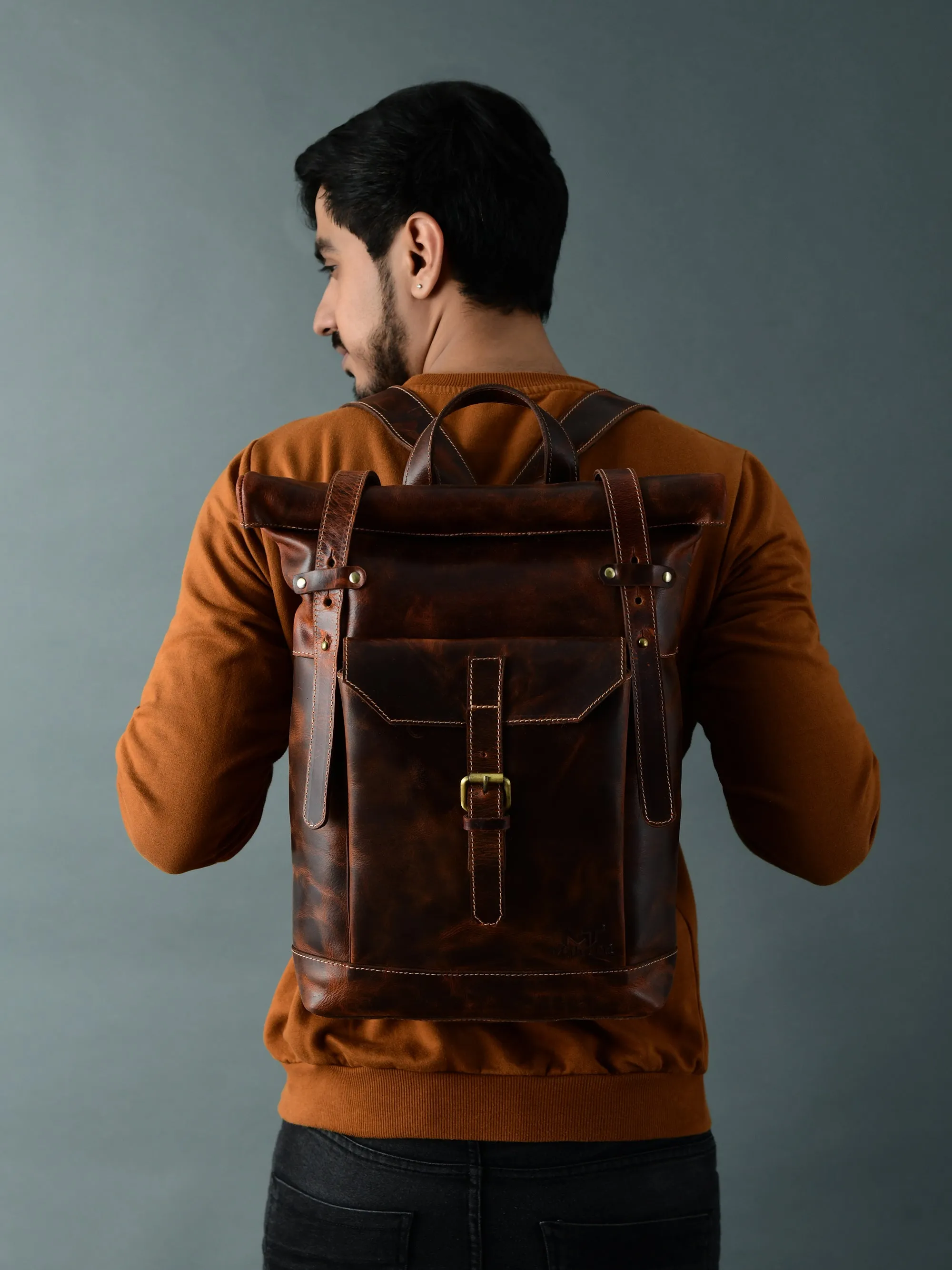 Brown Saddleback Backpack- Roll Top