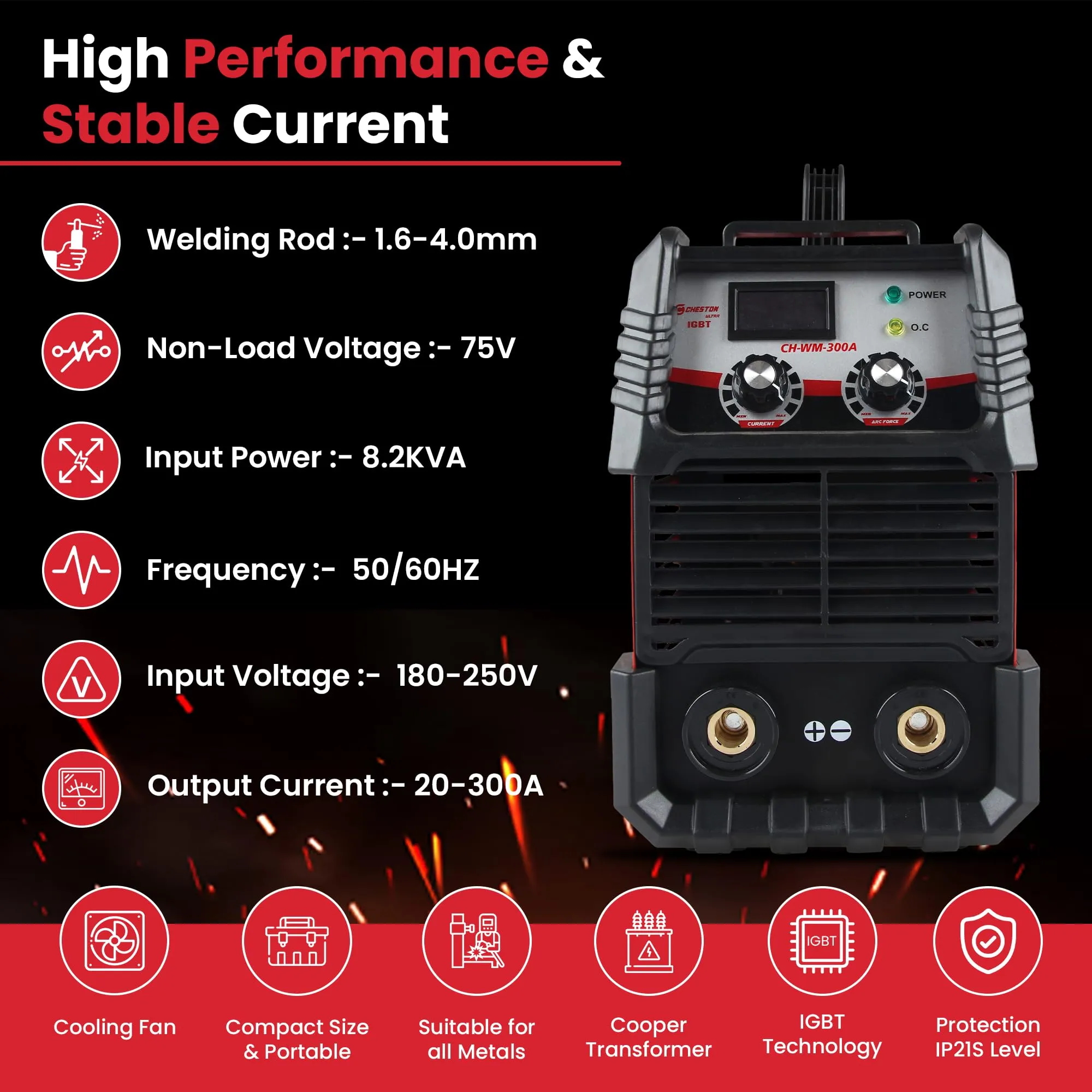 Cheston Ultra 300A Inverter Arc Welding Machine (MMA) LED Display Hot Start Welder Tool Heavy Duty with Welding Mask & Rods | For Steel, Iron, Aluminium, Copper & all other Metals Professional Use