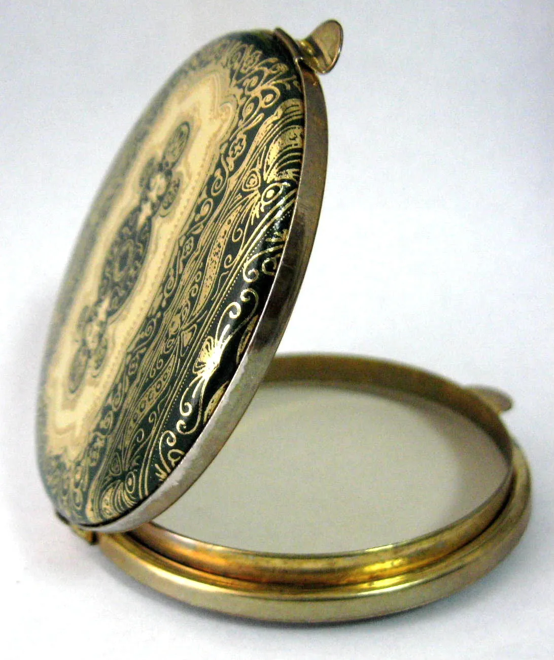 Compact Italian Gold Tooled Leather Green Yellow Gold Vintage Mid Century 1960s