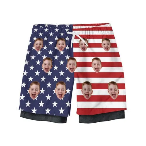 Custom Face Kid's 2 in 1 Sport Shorts Personalized Flag Drawstring Trunk for 5-12 Years Boy