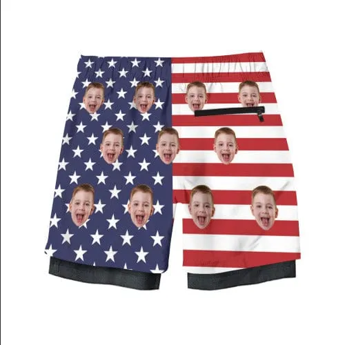 Custom Face Kid's 2 in 1 Sport Shorts Personalized Flag Drawstring Trunk for 5-12 Years Boy