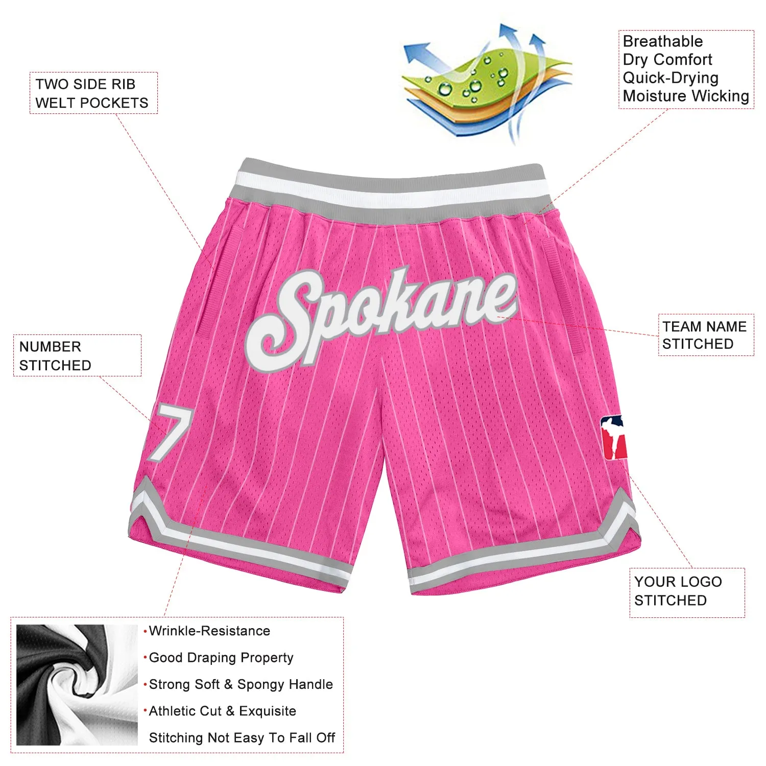 Custom Pink White Pinstripe White-Gray Authentic Basketball Shorts