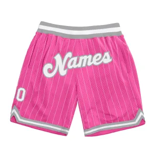 Custom Pink White Pinstripe White-Gray Authentic Basketball Shorts