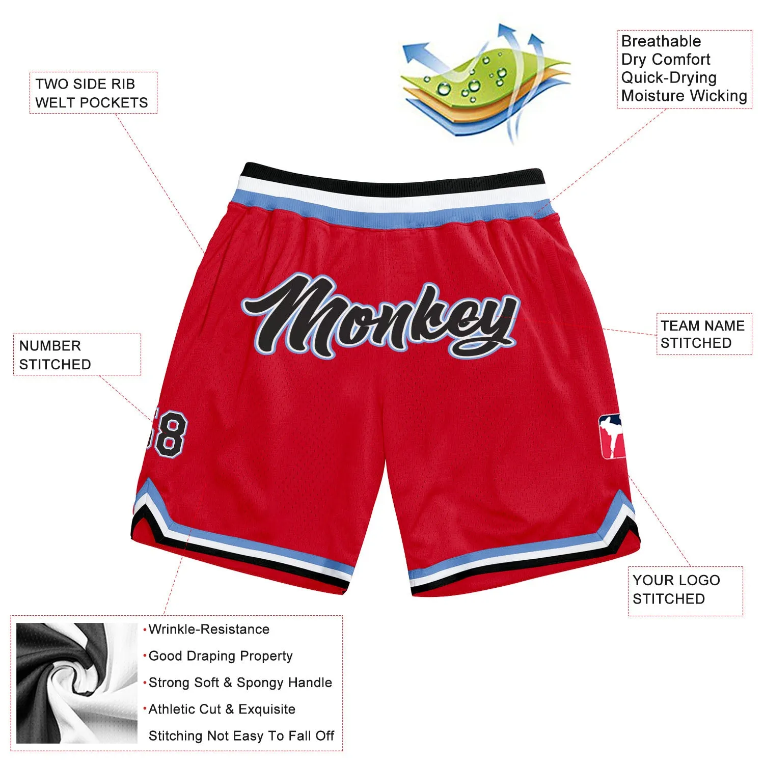 Custom Red Black-Light Blue Authentic Throwback Basketball Shorts