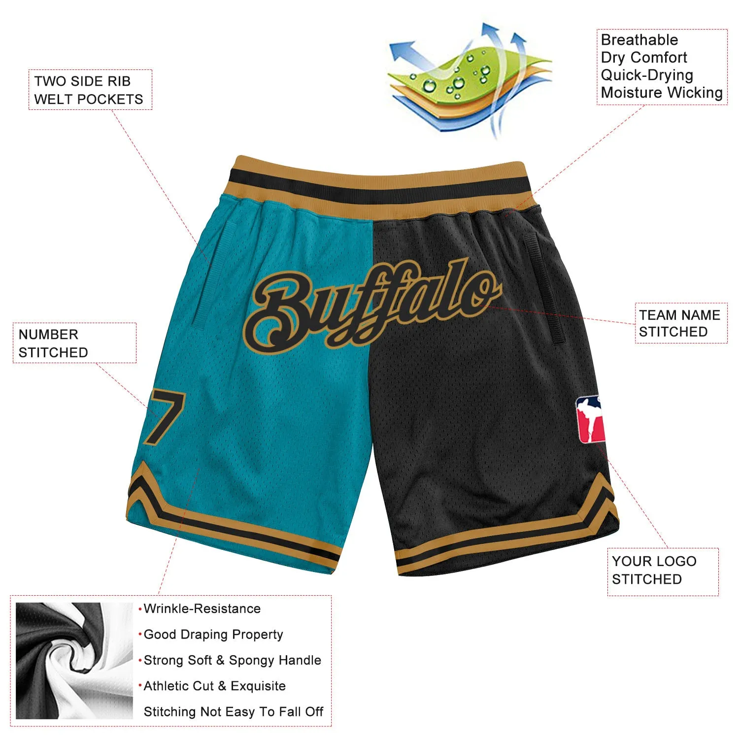 Custom Teal Black-Old Gold Authentic Throwback Split Fashion Basketball Shorts