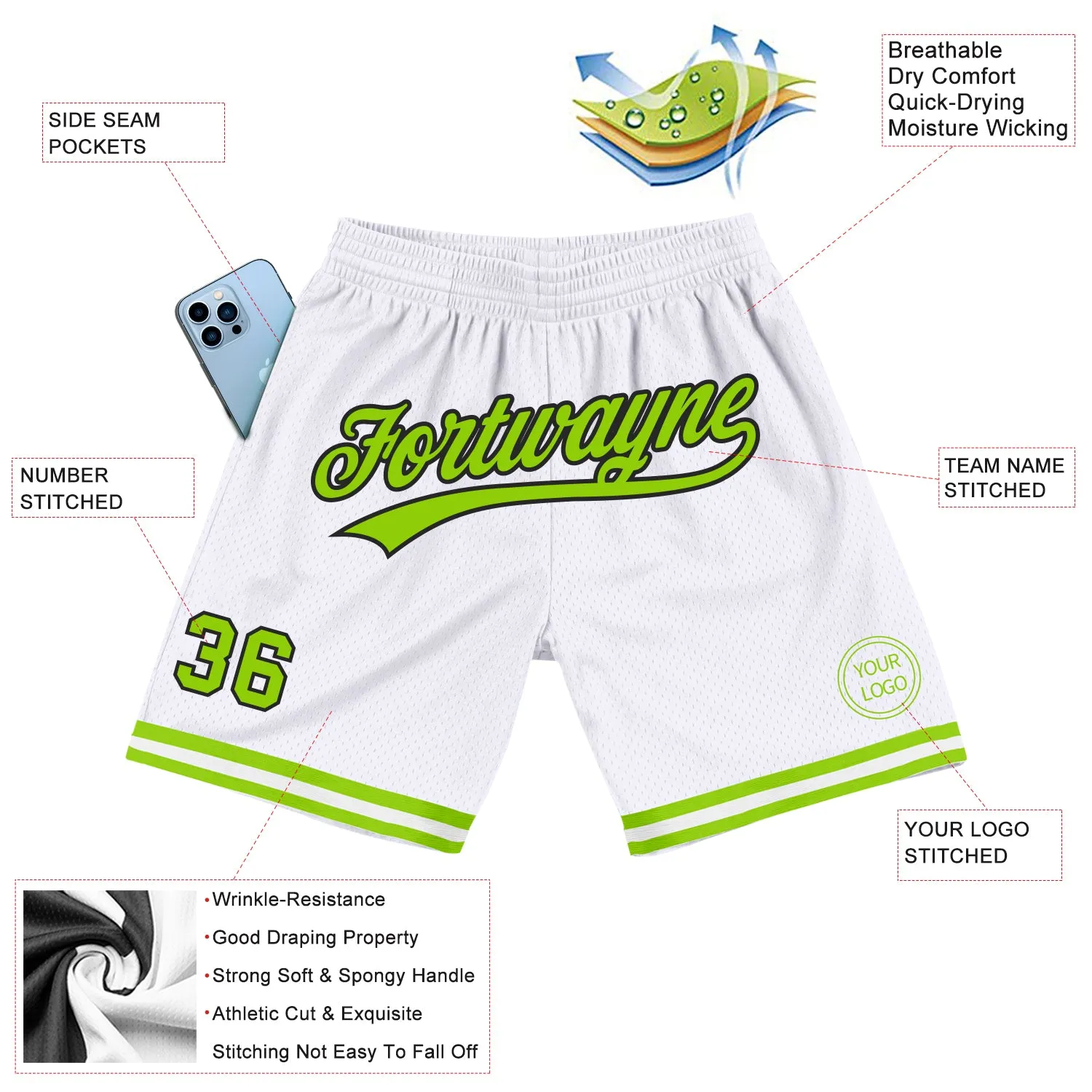 Custom White Neon Green-Black Authentic Throwback Basketball Shorts