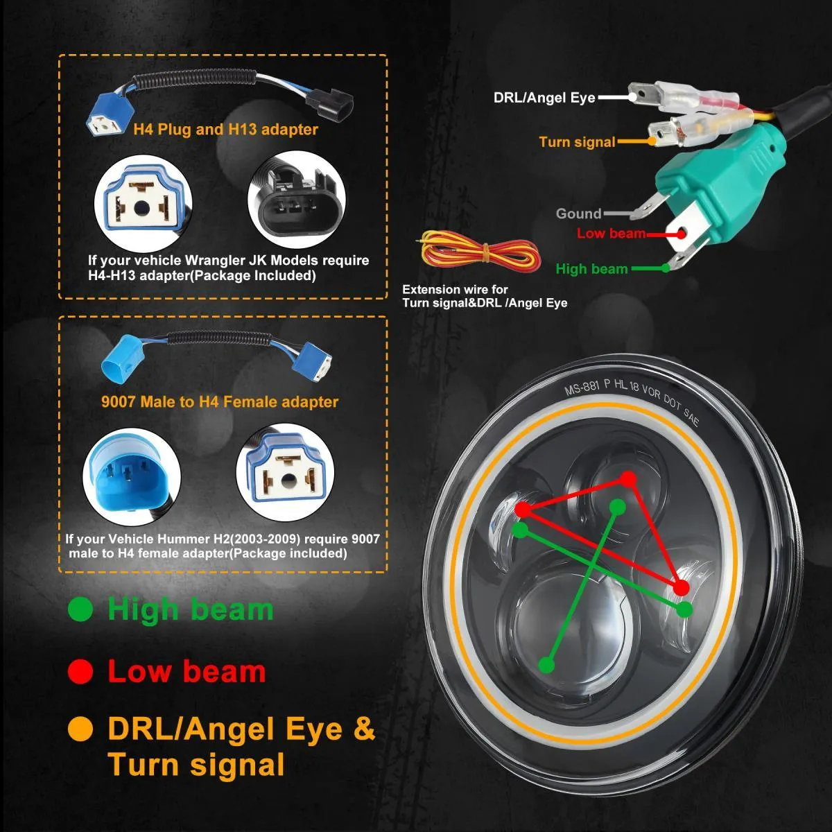 Partsam 7'' Round LED Headlights Osram Chips DOT Approved H6024 High Low Beam White Halo Ring Angel Eyes DRL Amber Turning Signal Lights Compatible with Jeep Wrangler JK LJ TJ CJ/Hummer H2 H1 (Pair)