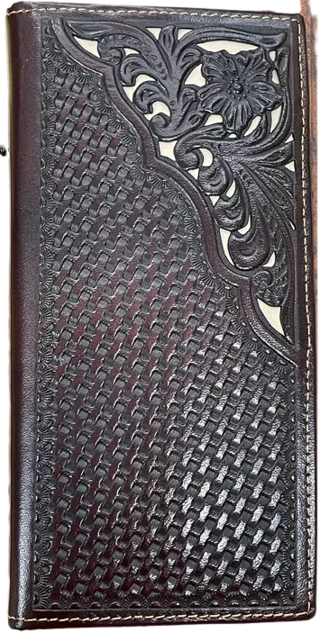 Top Notch Coffee Basketweave/Floral Design Corner Inlay Tall Wallet