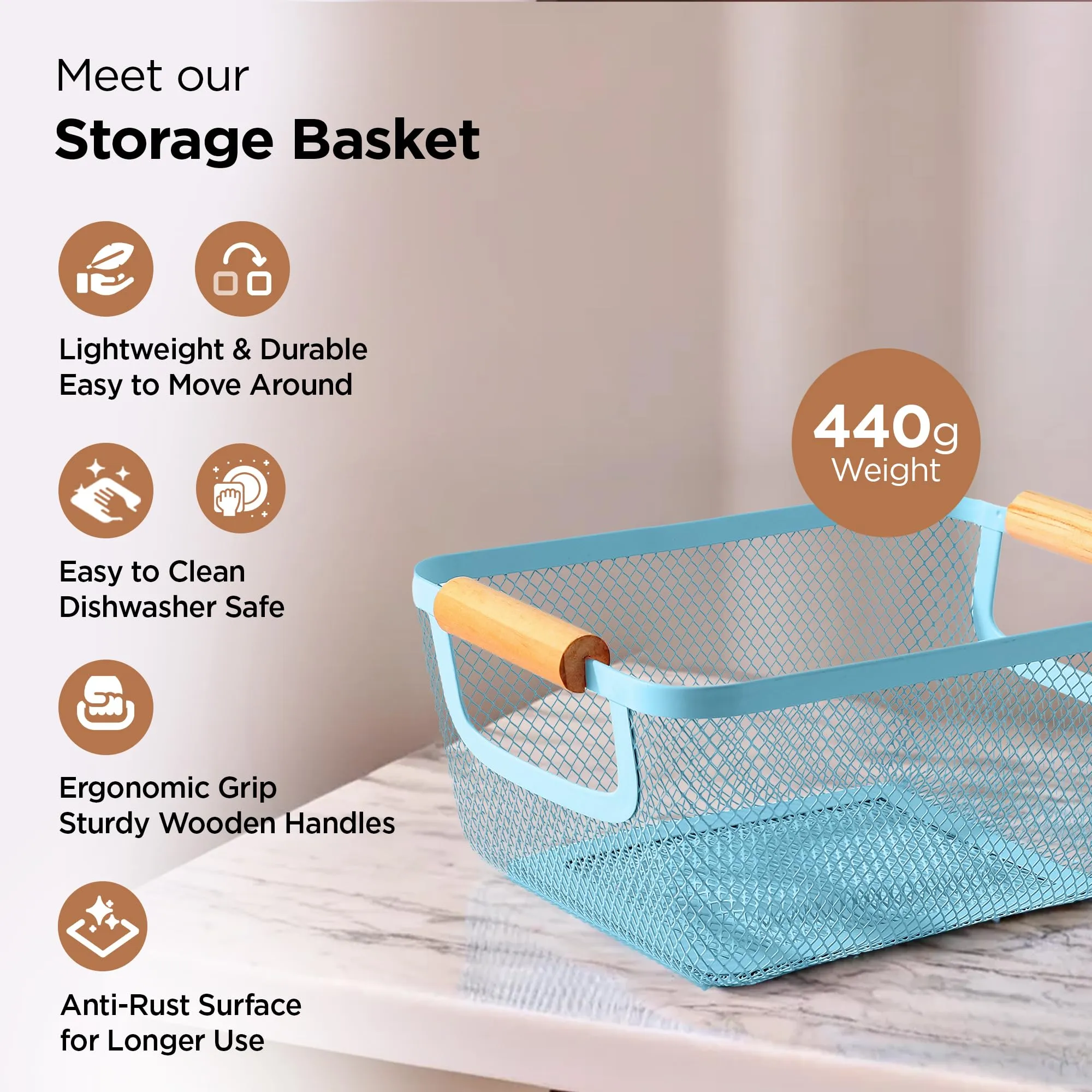 UMAI Metal Mesh Basket for storage with wooden handle | 440gm | Fruit basket and Vegetable basket for kitchen | Kitchen Organizer | Baskets for organizing home & kitchen | Blue | Multipurpose