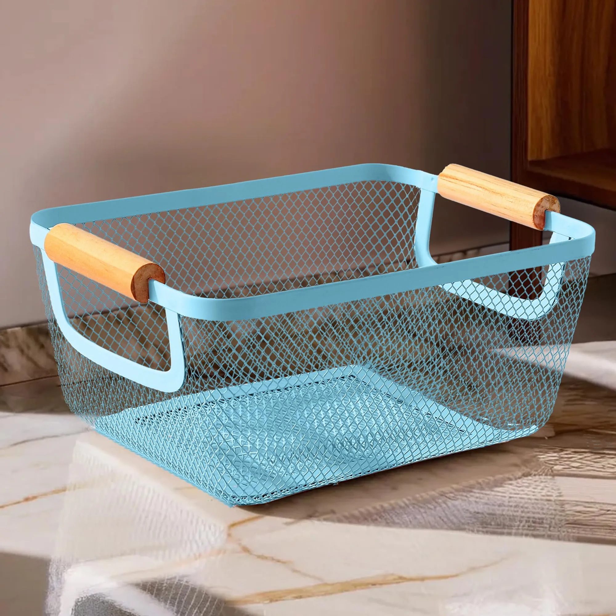 UMAI Metal Mesh Basket for storage with wooden handle | 440gm | Fruit basket and Vegetable basket for kitchen | Kitchen Organizer | Baskets for organizing home & kitchen | Blue | Multipurpose