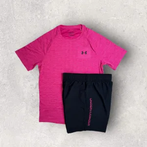 UNDER ARMOUR TECH T-SHIRT/SHORT SET - PINK/BLACK