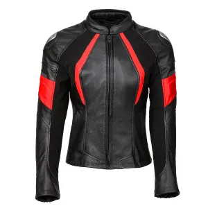 Women’s Black Biker Genuine Cowhide Stand Collar Cycling Protective Red Stripped Slim Fit Moto Racing Four Seasons Leather Jacket