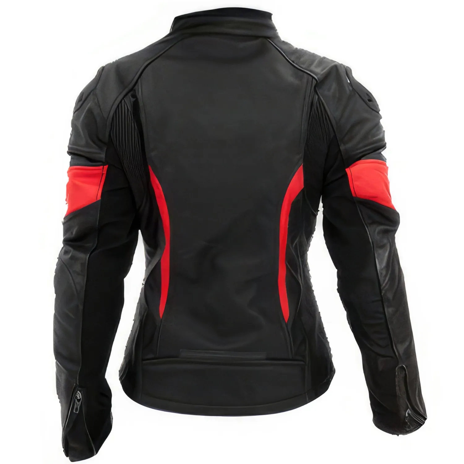 Women’s Black Biker Genuine Cowhide Stand Collar Cycling Protective Red Stripped Slim Fit Moto Racing Four Seasons Leather Jacket